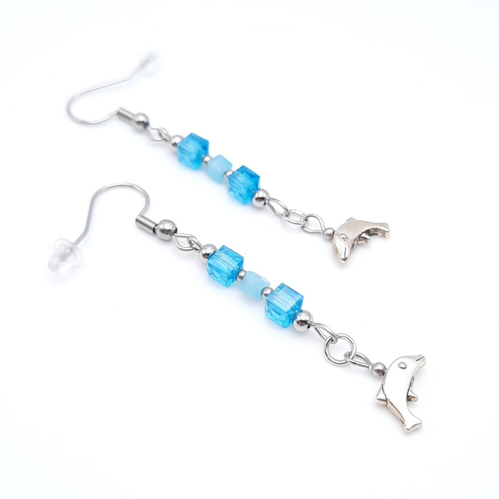 Dolphin Animal Blue Silver Square Beaded Dangle Drop Earrings Handmade Jewelry